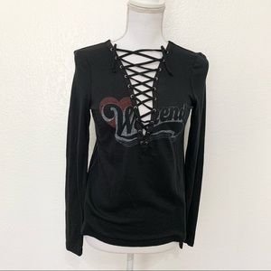 Express deep v neck lace up ,long sleeves, weekend